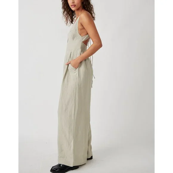 Free People Emma Linen Jumpsuit Alfalfa Size Large - Picture 6 of 16
